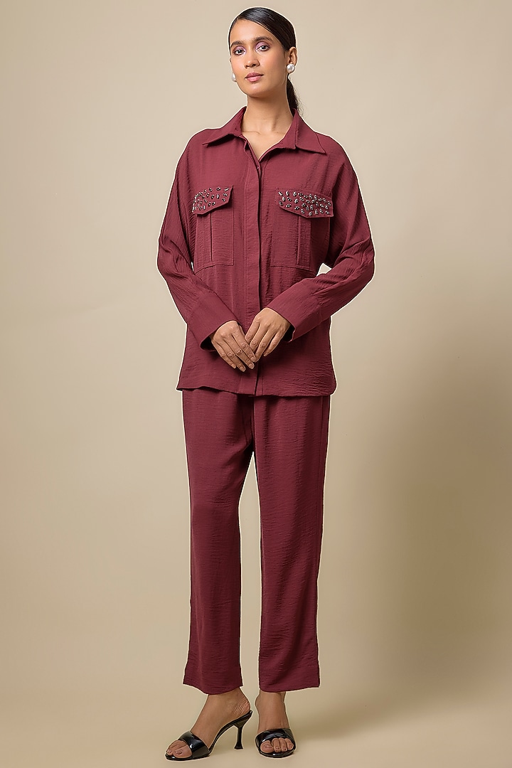 Maroon Viscose Blend Rhinestone Embroidered Co-Ord Set by Kloset by KL at Pernia's Pop Up Shop