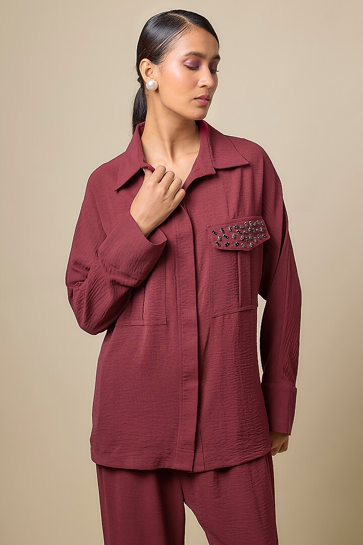 Maroon Viscose Blend Rhinestone Embroidered Co-Ord Set by Kloset by KL at Pernia's Pop Up Shop