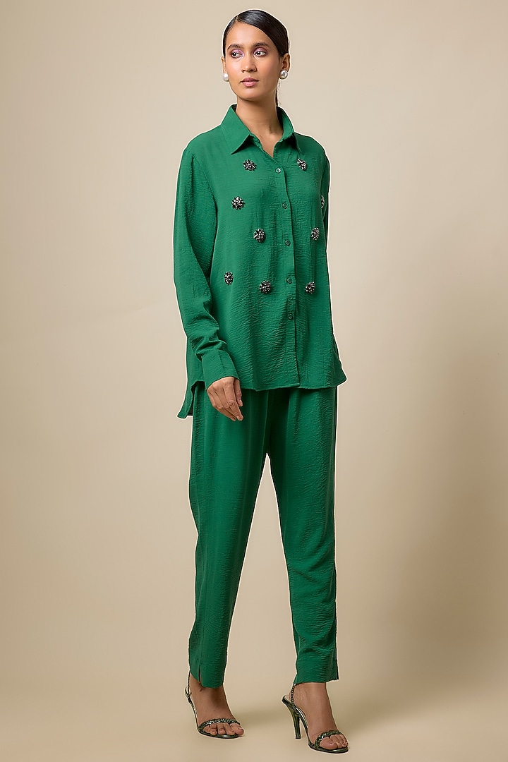 Green Viscose Blend Rhinestone Embroidered Co-Ord Set by Kloset by KL at Pernia's Pop Up Shop