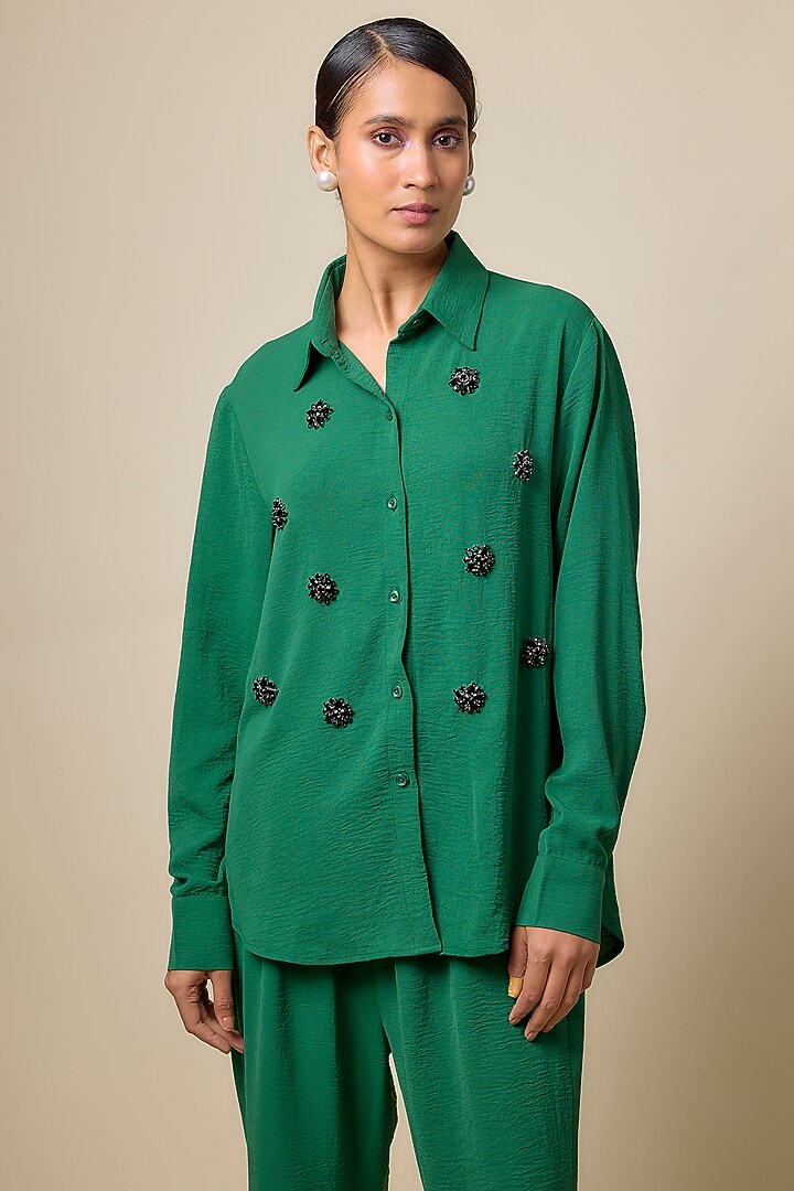 Green Viscose Blend Rhinestone Embroidered Co-Ord Set by Kloset by KL at Pernia's Pop Up Shop
