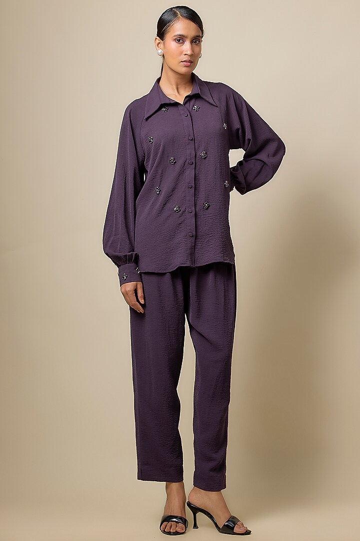 Aubergine Viscose Blend Rhinestone Embroidered Co-Ord Set by Kloset by KL at Pernia's Pop Up Shop