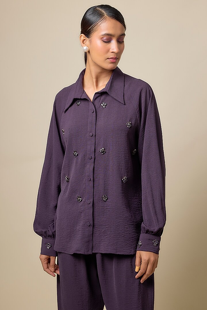 Aubergine Viscose Blend Rhinestone Embroidered Co-Ord Set by Kloset by KL at Pernia's Pop Up Shop
