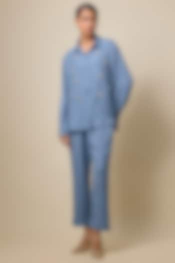 Blue Linen & Viscose Blend Brooch Embroidered Denim Co-Ord Set by Kloset by KL at Pernia's Pop Up Shop
