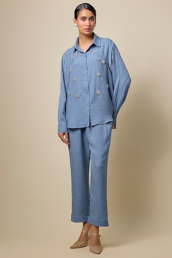 Blue Linen & Viscose Blend Brooch Embroidered Denim Co-Ord Set by Kloset by KL at Pernia's Pop Up Shop