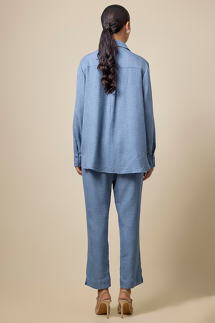 Blue Linen & Viscose Blend Brooch Embroidered Denim Co-Ord Set by Kloset by KL at Pernia's Pop Up Shop