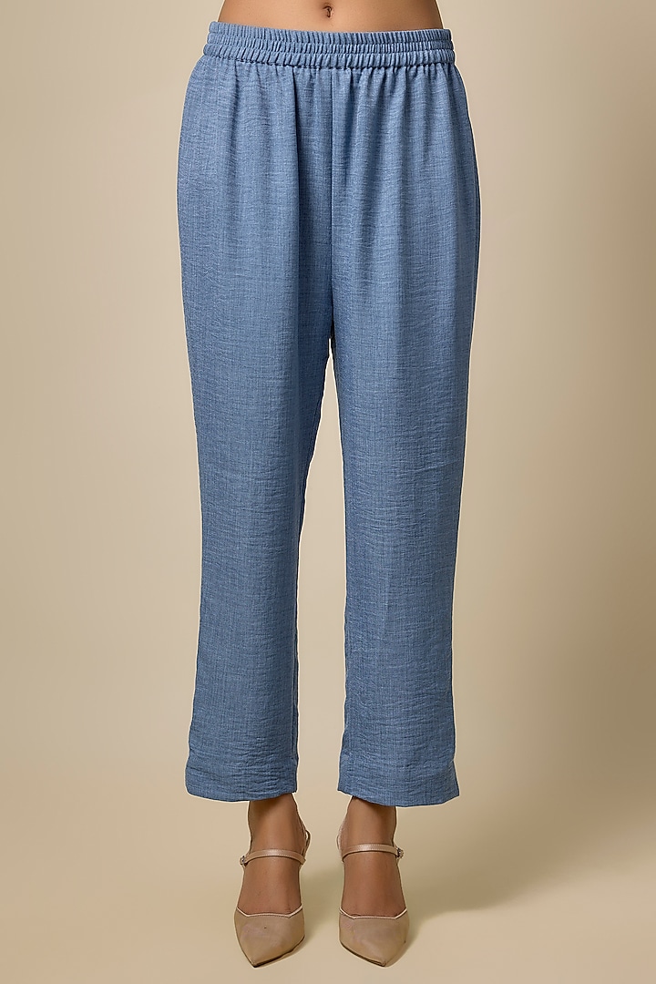 Blue Linen & Viscose Blend Brooch Embroidered Denim Co-Ord Set by Kloset by KL at Pernia's Pop Up Shop
