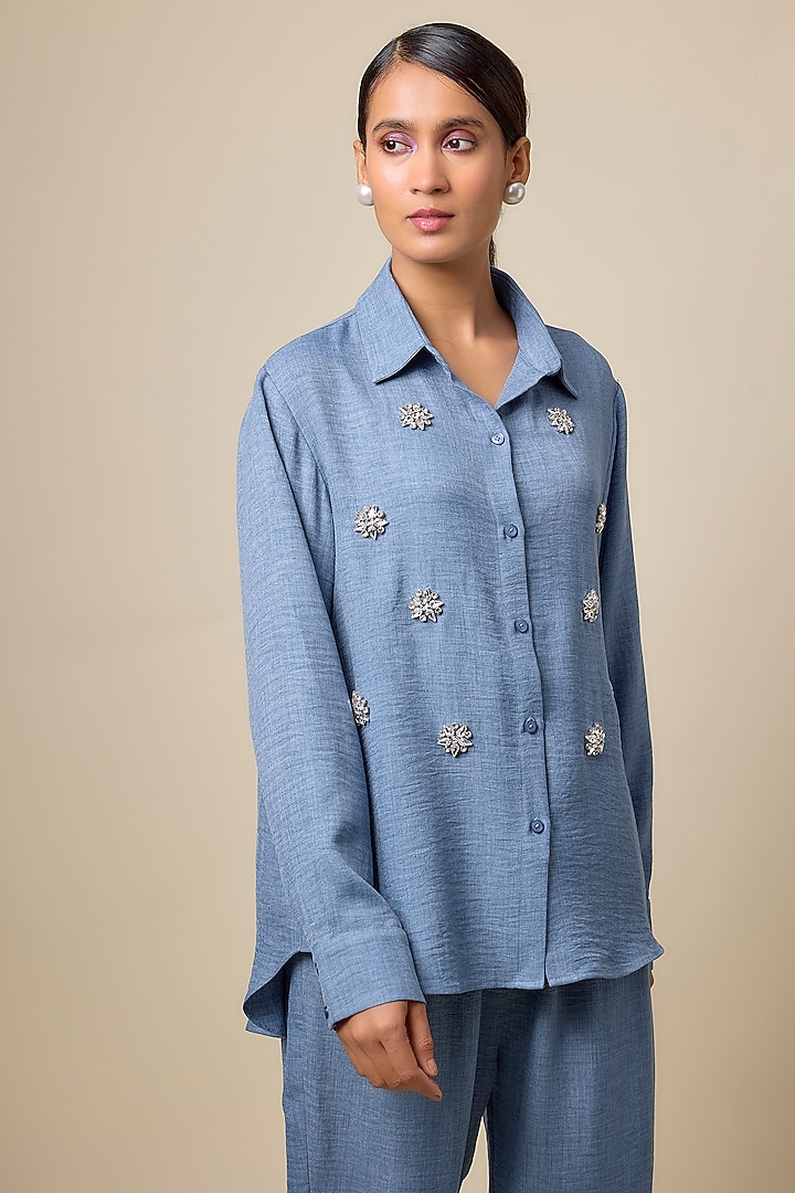 Blue Linen & Viscose Blend Brooch Embroidered Denim Co-Ord Set by Kloset by KL at Pernia's Pop Up Shop
