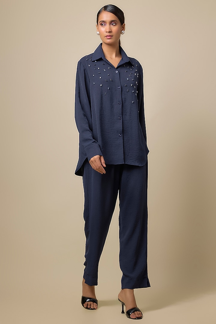 Navy Blue Viscose Blend Pearl Embroidered Co-Ord Set by Kloset by KL at Pernia's Pop Up Shop