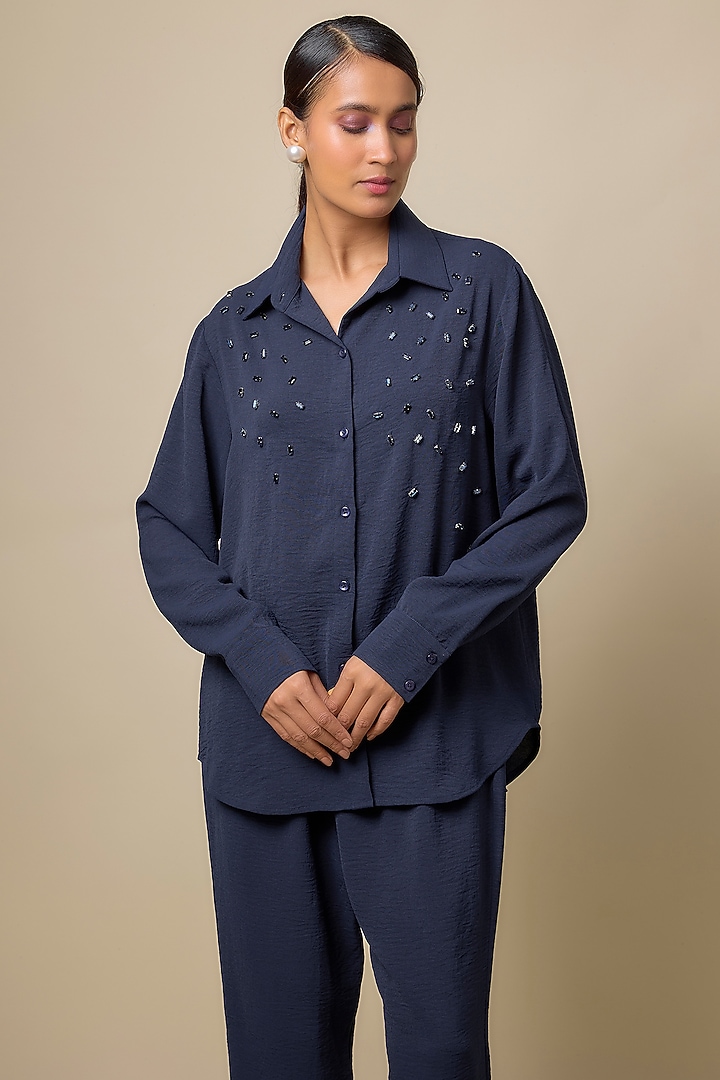 Navy Blue Viscose Blend Pearl Embroidered Co-Ord Set by Kloset by KL at Pernia's Pop Up Shop