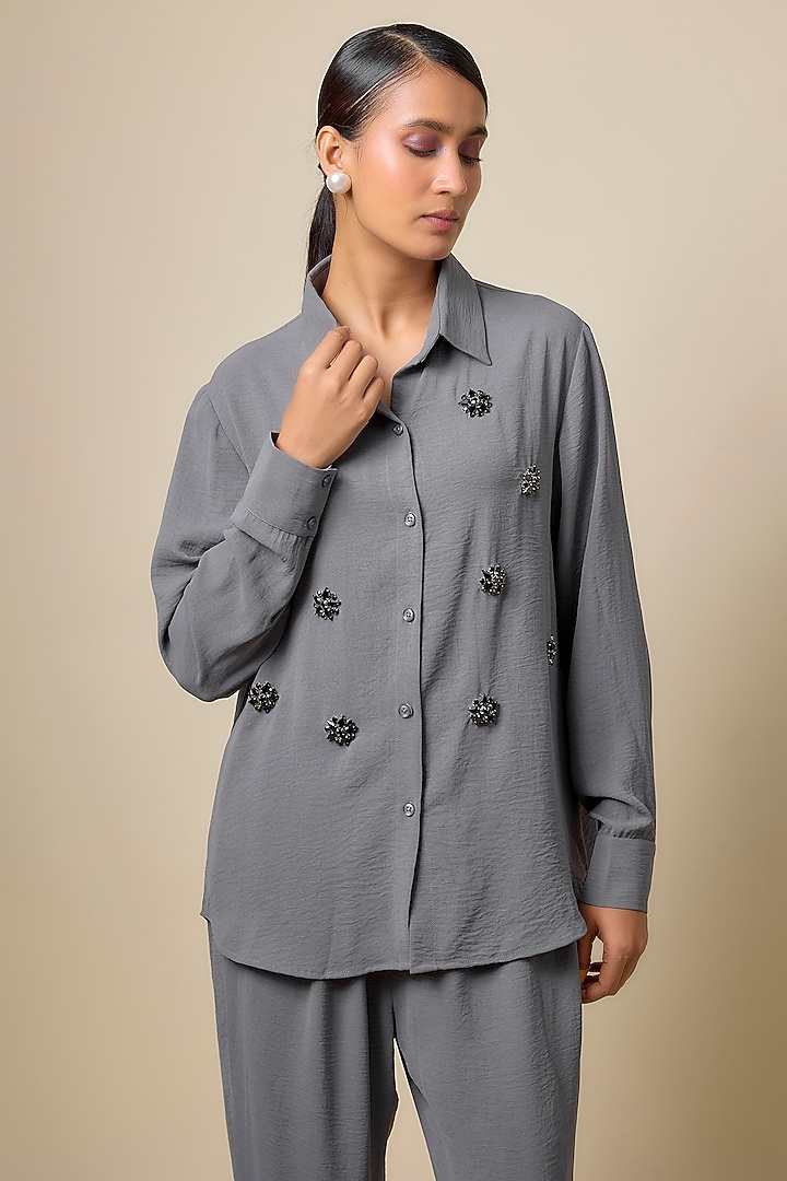 Grey Viscose Blend Brooch Embroidered Co-Ord Set by Kloset by KL at Pernia's Pop Up Shop