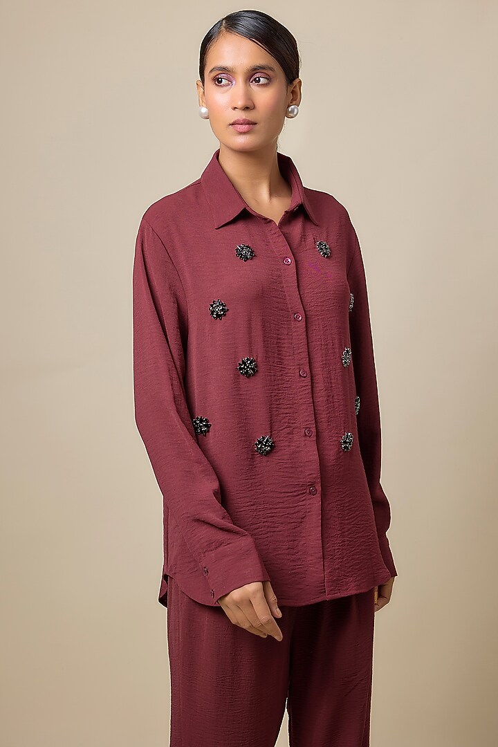 Maroon Viscose Blend Brooch Embroidered Co-Ord Set by Kloset by KL at Pernia's Pop Up Shop