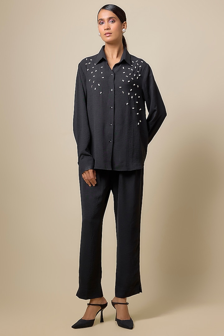 Black Viscose Blend Rhinestone Embroidered Co-Ord Set by Kloset by KL at Pernia's Pop Up Shop