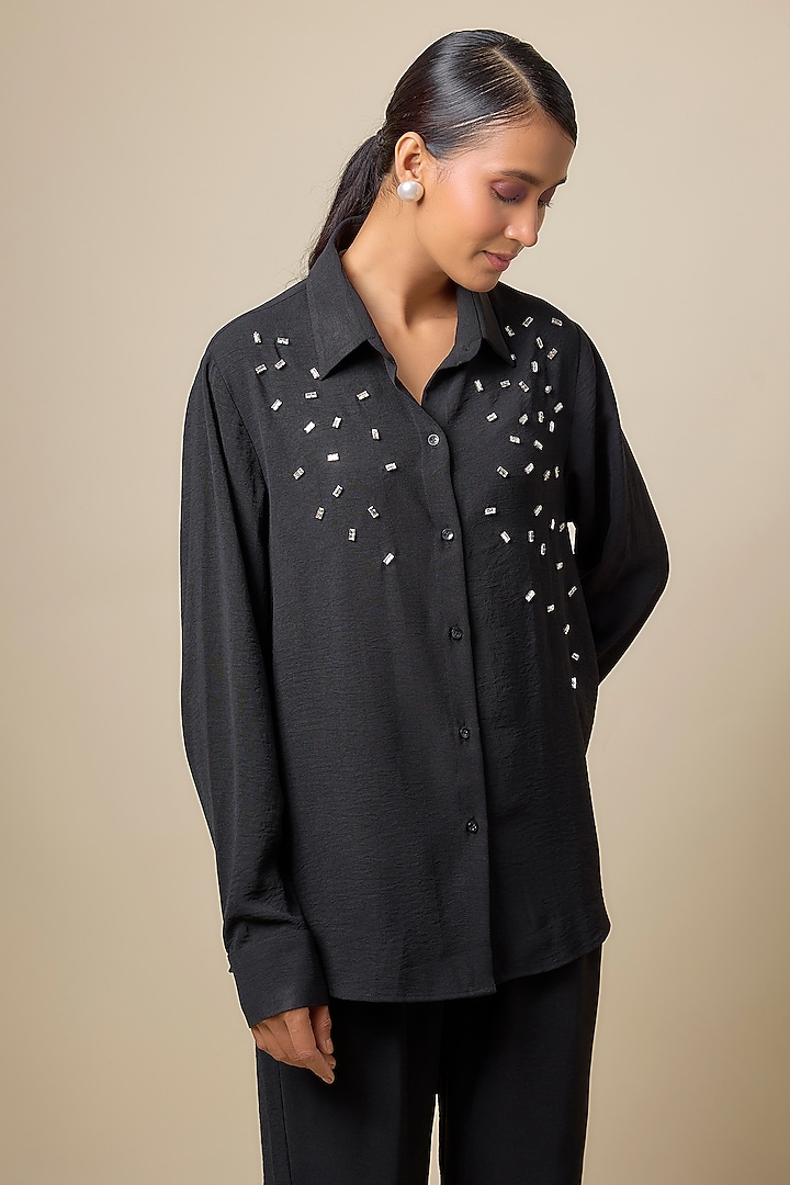 Black Viscose Blend Rhinestone Embroidered Co-Ord Set by Kloset by KL at Pernia's Pop Up Shop