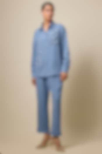 Blue Linen & Viscose Blend Rhinestone Embroidered Denim Co-Ord Set by Kloset by KL at Pernia's Pop Up Shop