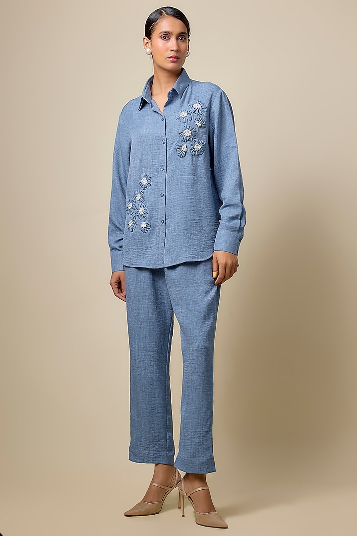 Blue Linen & Viscose Blend Rhinestone Embroidered Denim Co-Ord Set by Kloset by KL at Pernia's Pop Up Shop