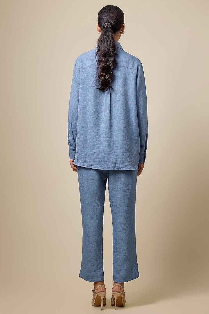 Blue Linen & Viscose Blend Rhinestone Embroidered Denim Co-Ord Set by Kloset by KL at Pernia's Pop Up Shop