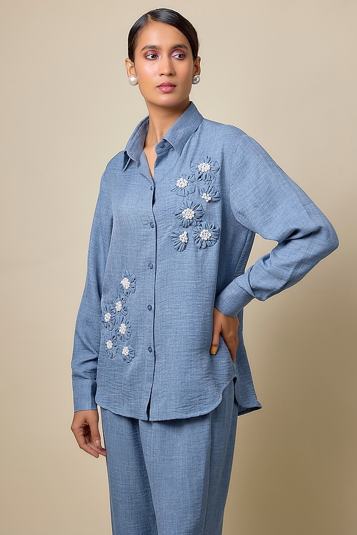 Blue Linen & Viscose Blend Rhinestone Embroidered Denim Co-Ord Set by Kloset by KL at Pernia's Pop Up Shop