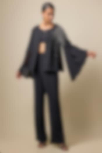 Black Viscose Blend Pearl Embroidered Cape Set by Kloset by KL at Pernia's Pop Up Shop