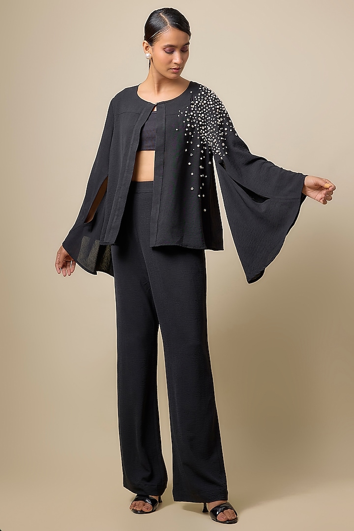 Black Viscose Blend Pearl Embroidered Cape Set by Kloset by KL at Pernia's Pop Up Shop