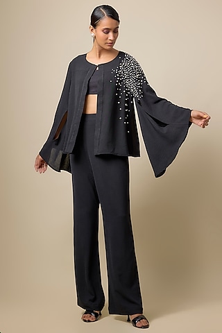 Black Viscose Blend Pearl Embroidered Cape Set by Kloset by KL