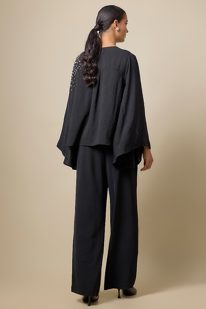 Black Viscose Blend Pearl Embroidered Cape Set by Kloset by KL at Pernia's Pop Up Shop