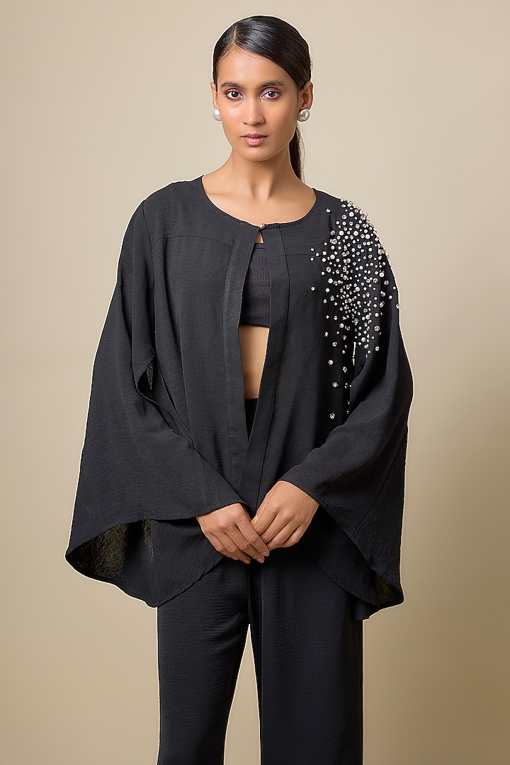 Black Viscose Blend Pearl Embroidered Cape Set by Kloset by KL at Pernia's Pop Up Shop