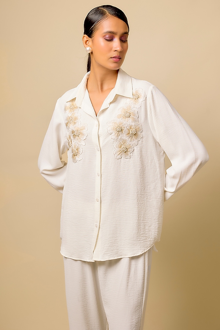 Ivory Viscose Blend Pearl Embroidered Co-Ord Set by Kloset by KL at Pernia's Pop Up Shop