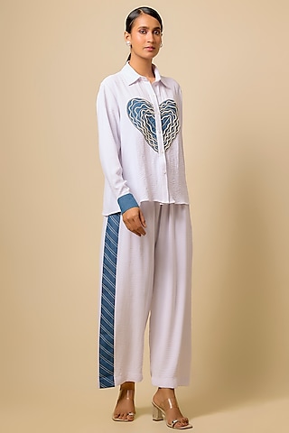 White Viscose Blend Pearl Embroidered Co-Ord Set by Kloset by KL