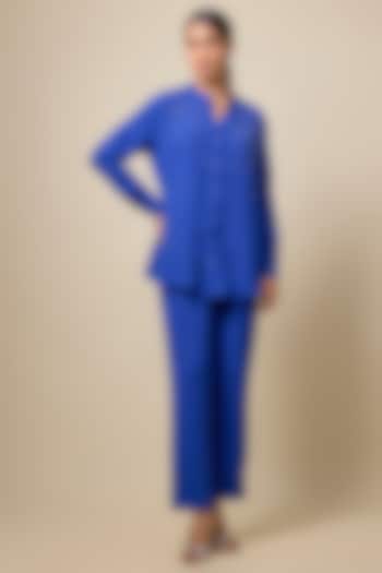 Royal Blue Viscose Blend Rhinestone Embroidered Co-Ord Set by Kloset by KL at Pernia's Pop Up Shop