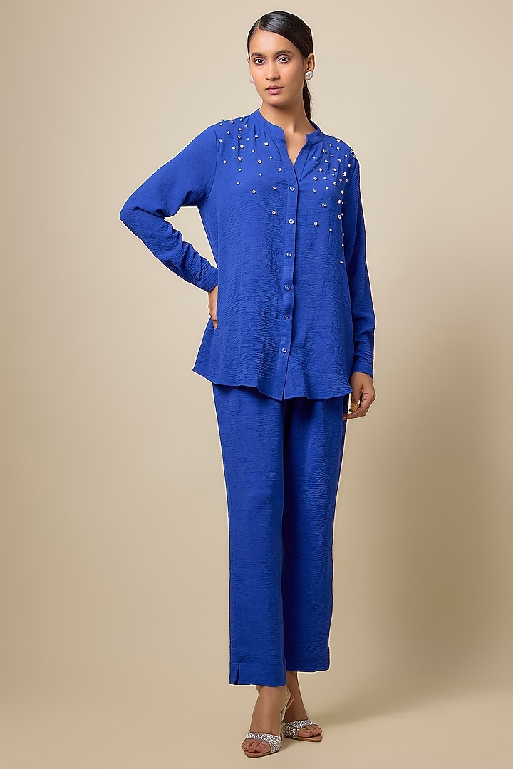 Royal Blue Viscose Blend Rhinestone Embroidered Co-Ord Set by Kloset by KL at Pernia's Pop Up Shop