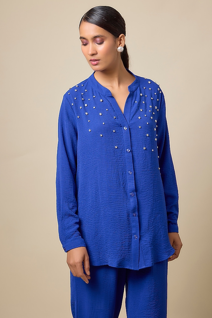 Royal Blue Viscose Blend Rhinestone Embroidered Co-Ord Set by Kloset by KL at Pernia's Pop Up Shop