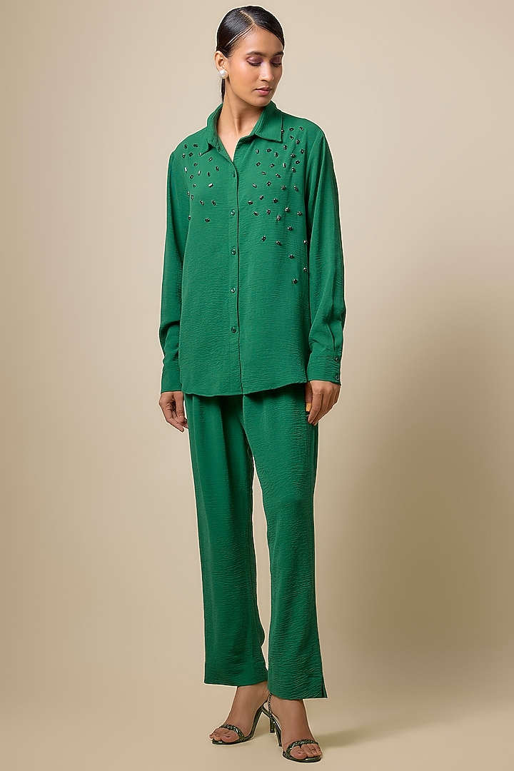 Dark Green Viscose Blend Rhinestone Embroidered Co-Ord Set by Kloset by KL at Pernia's Pop Up Shop