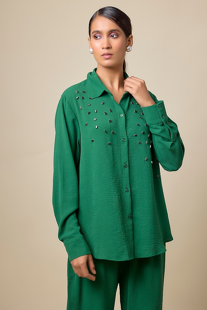 Dark Green Viscose Blend Rhinestone Embroidered Co-Ord Set by Kloset by KL at Pernia's Pop Up Shop
