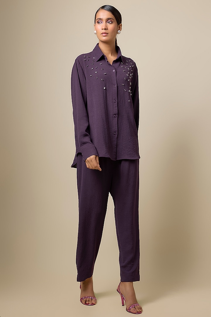 Aubergine Viscose Blend Rhinestone Embroidered Co-Ord Set by Kloset by KL at Pernia's Pop Up Shop