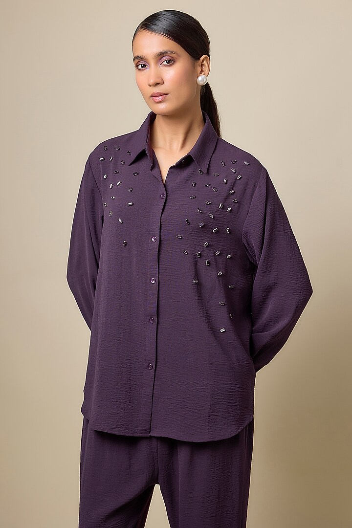 Aubergine Viscose Blend Rhinestone Embroidered Co-Ord Set by Kloset by KL at Pernia's Pop Up Shop