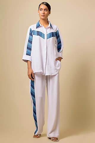White Viscose Blend Rhinestone Embroidered Co-Ord Set by Kloset by KL