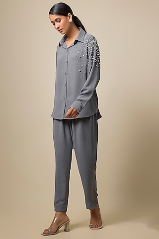 Grey Viscose Blend Rhinestone Embroidered Co-Ord Set by Kloset by KL