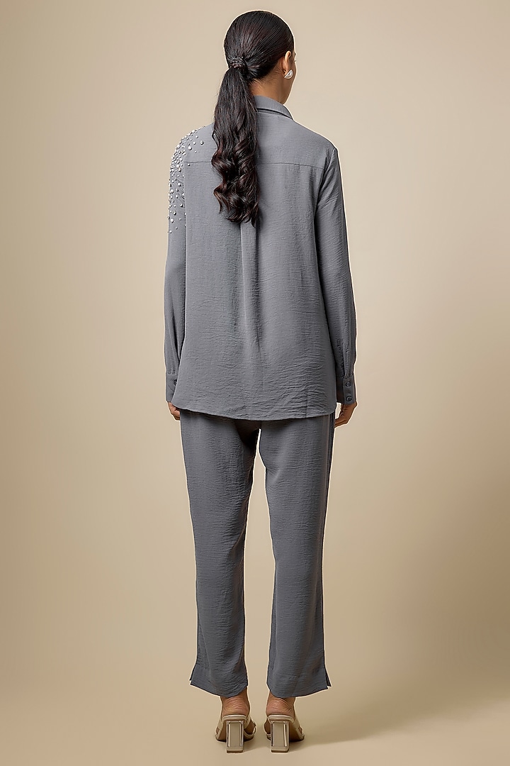 Grey Viscose Blend Rhinestone Embroidered Co-Ord Set by Kloset by KL at Pernia's Pop Up Shop