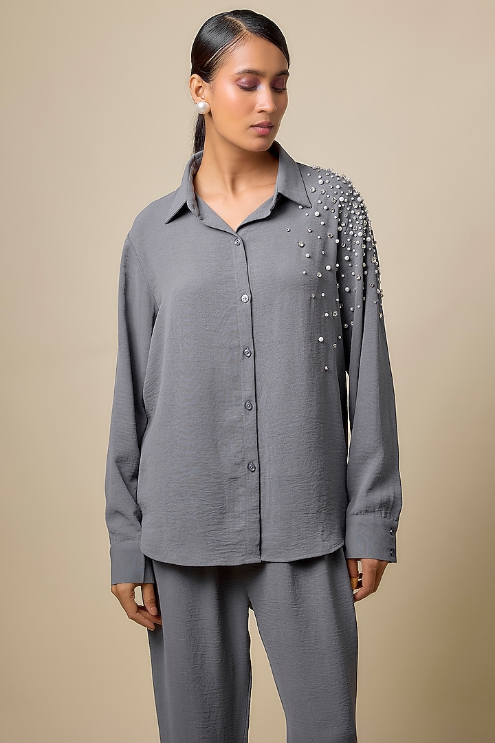 Grey Viscose Blend Rhinestone Embroidered Co-Ord Set by Kloset by KL at Pernia's Pop Up Shop