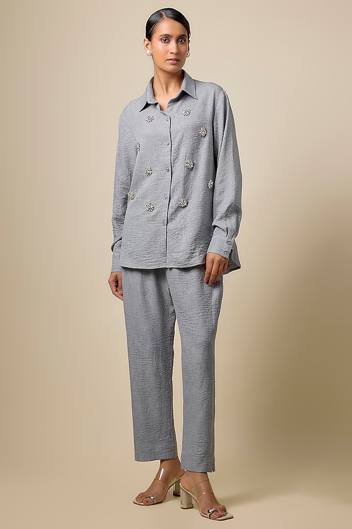 Grey Viscose Blend Pearl Embroidered Co-Ord Set by Kloset by KL at Pernia's Pop Up Shop