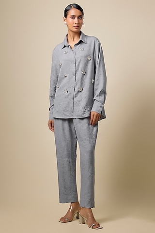 Grey Viscose Blend Pearl Embroidered Co-Ord Set by Kloset by KL