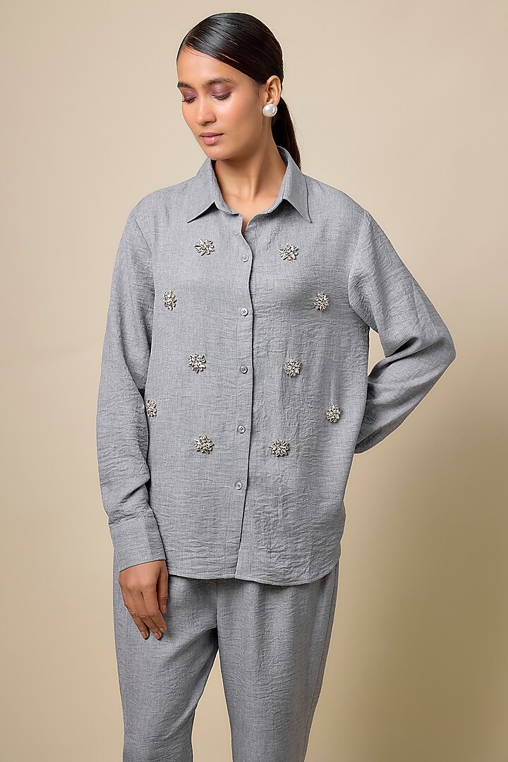 Grey Viscose Blend Pearl Embroidered Co-Ord Set by Kloset by KL at Pernia's Pop Up Shop