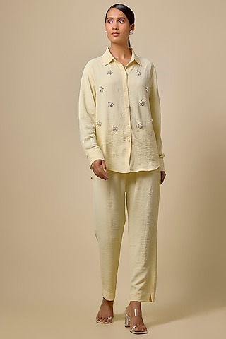 Butter Yellow Viscose Blend Pearl Embroidered Co-Ord Set by Kloset by KL