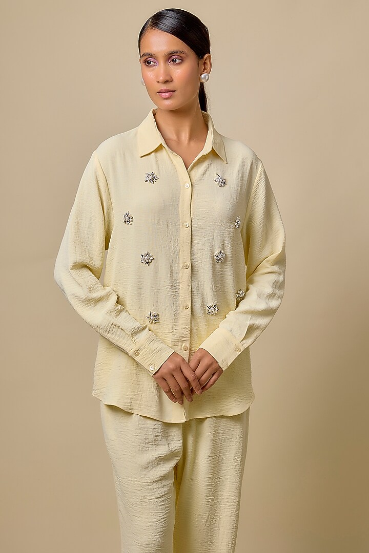 Butter Yellow Viscose Blend Pearl Embroidered Co-Ord Set by Kloset by KL at Pernia's Pop Up Shop
