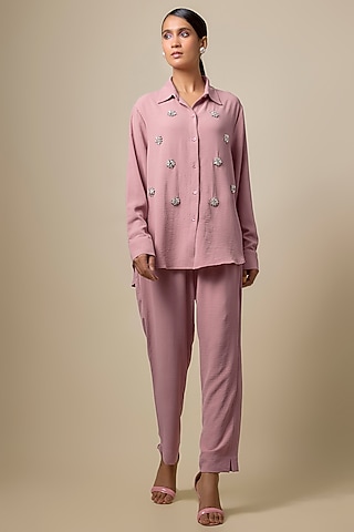 Dusty Rose Pink Viscose Blend Rhinestone Embroidered Co-Ord Set by Kloset by KL