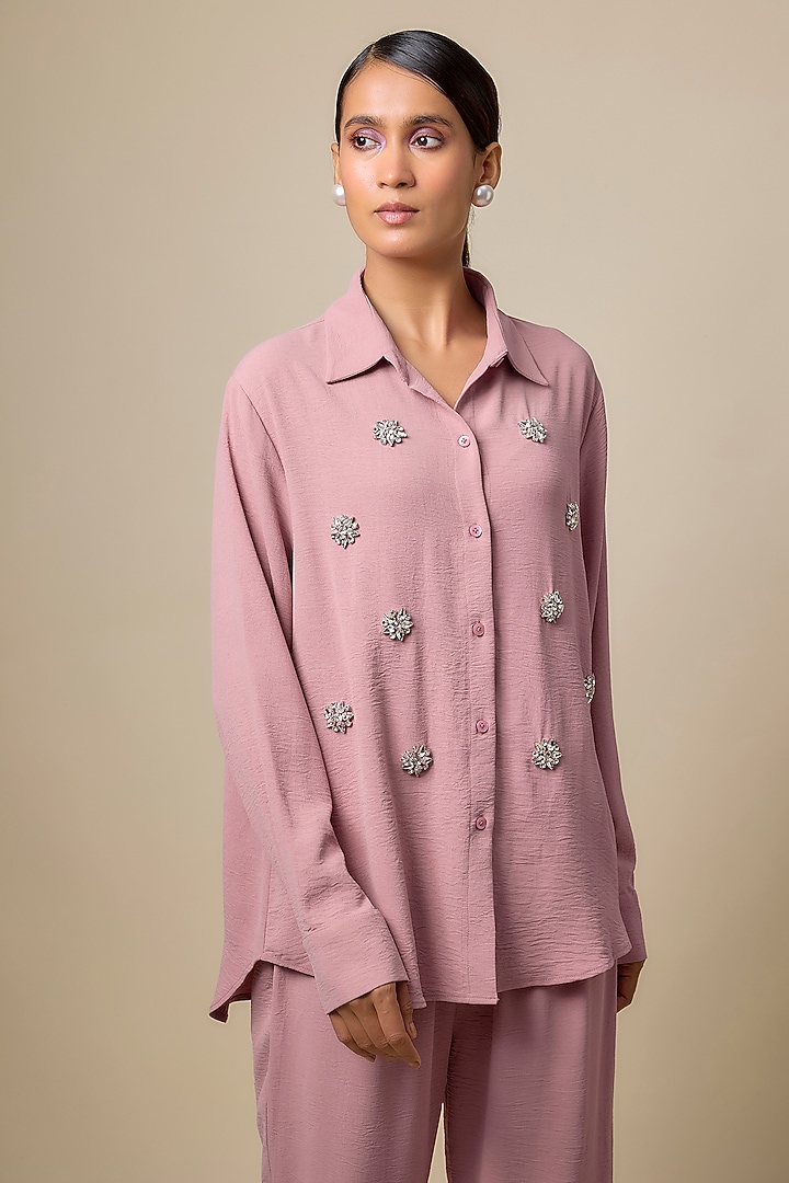 Dusty Rose Pink Viscose Blend Rhinestone Embroidered Co-Ord Set by Kloset by KL at Pernia's Pop Up Shop