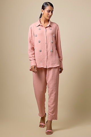 Pink Viscose Blend Rhinestone Embroidered Co-Ord Set by Kloset by KL