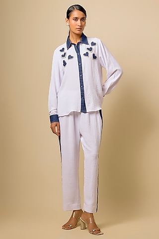 White Viscose Blend Rhinestone Embroidered Co-Ord Set by Kloset by KL