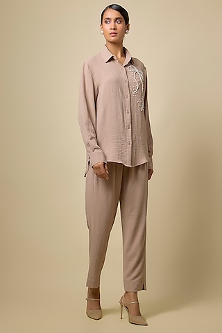 Beige Viscose Blend Pearl Embroidered Co-Ord Set by Kloset by KL