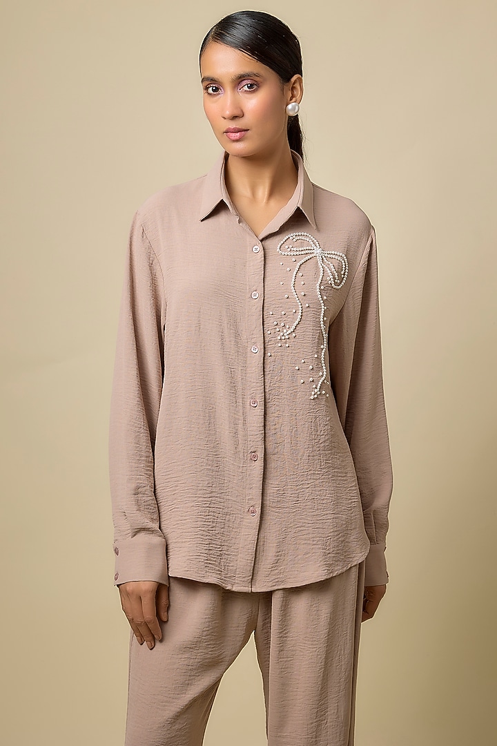Beige Viscose Blend Pearl Embroidered Co-Ord Set by Kloset by KL at Pernia's Pop Up Shop